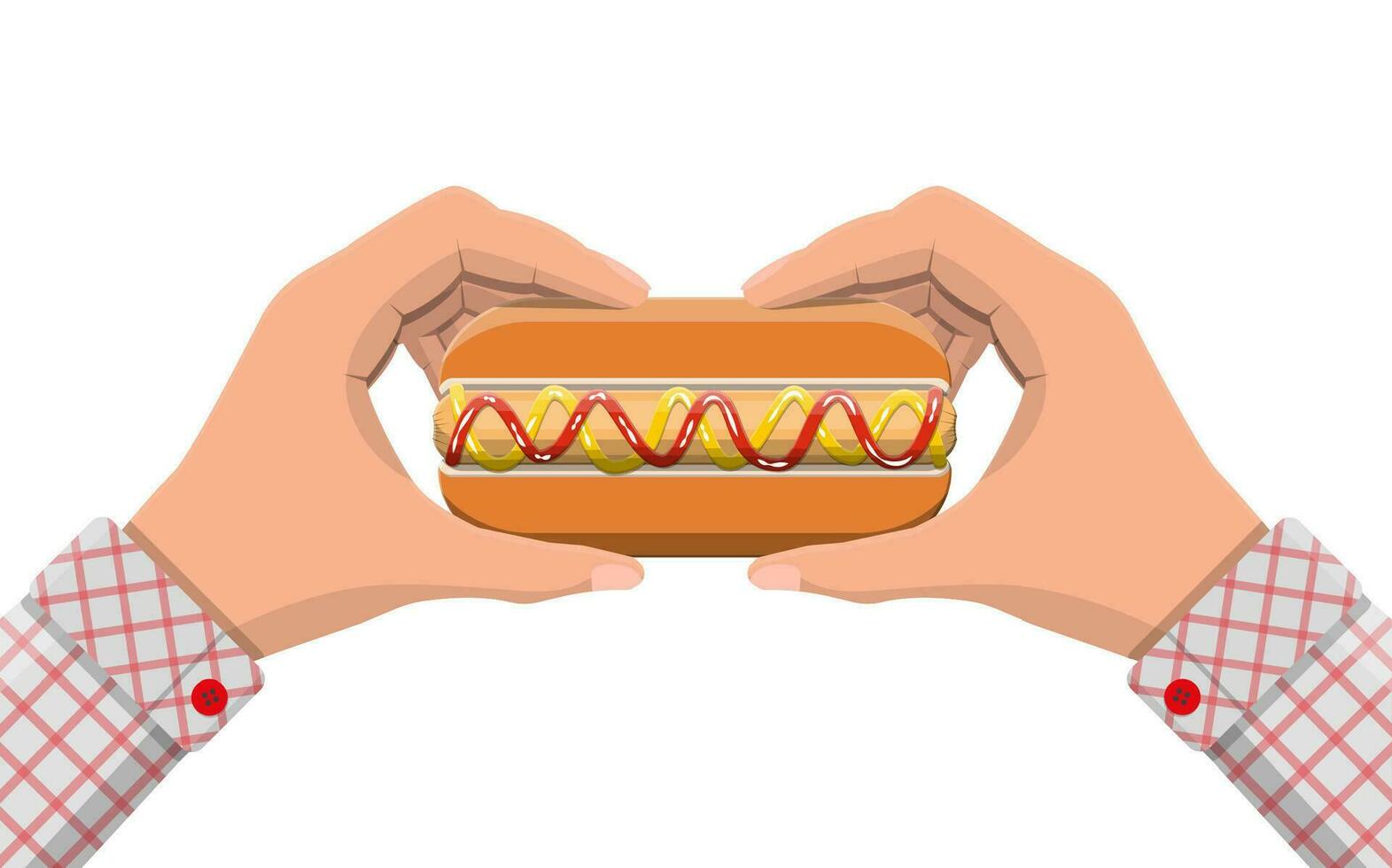 Hot-dog dans mains. saucisse avec chignon, moutarde et ketchup. vite nourriture concept. vecteur illustration dans plat style