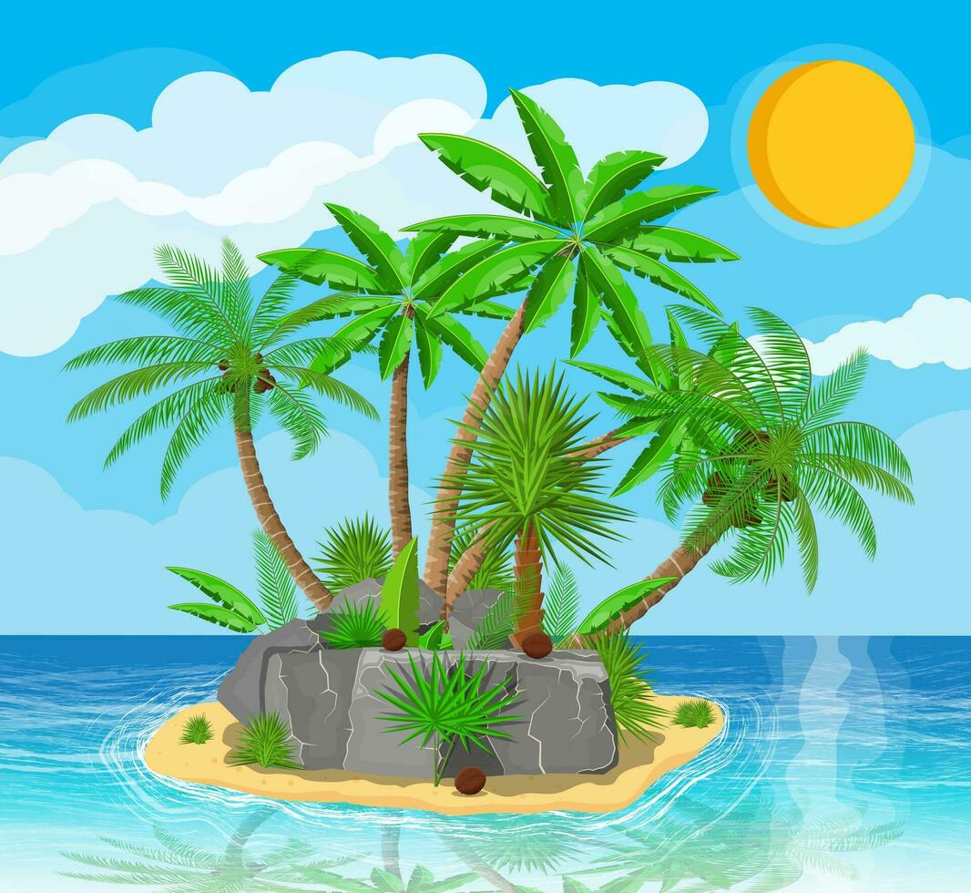 paysage de paume arbre sur plage. île, noix de coco et des pierres. Soleil avec réflexion dans l'eau et des nuages. journée dans tropical lieu. vecteur illustration dans plat style