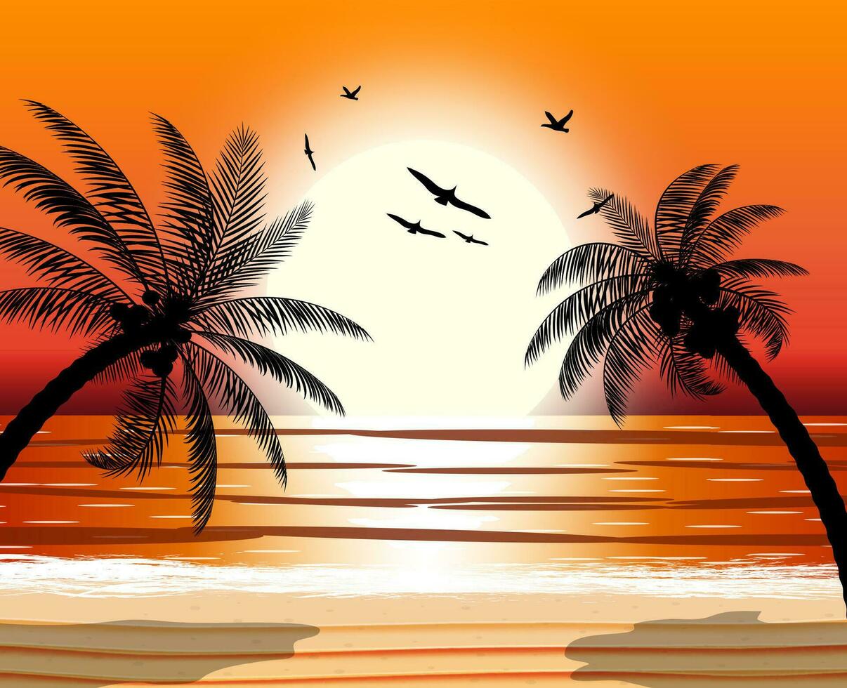 silhouette de paume arbre sur plage. Soleil avec réflexion dans l'eau et mouettes. le coucher du soleil dans tropical lieu. vecteur illustration
