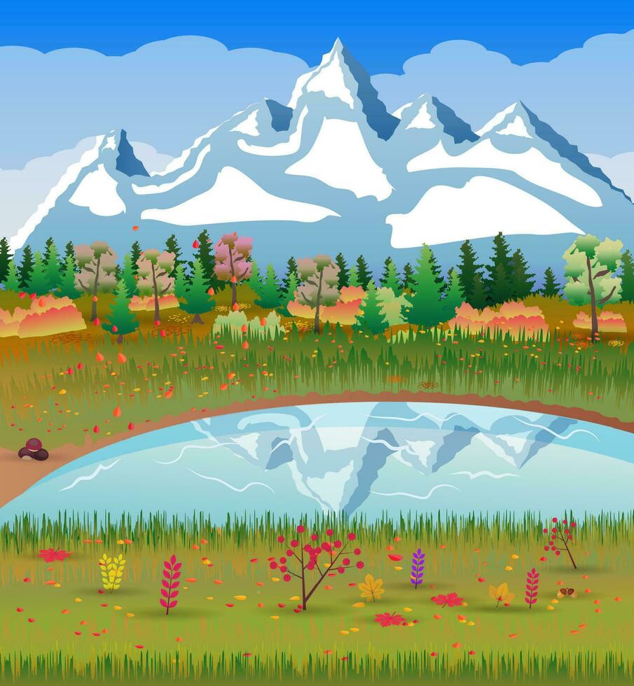 l'automne la nature paysage avec forêt, Lac et montagnes. vecteur illustration