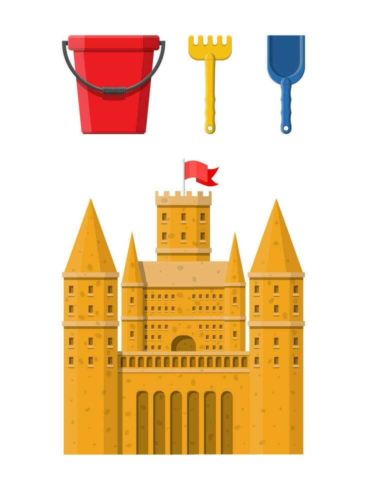 le sable château. château de sable Fait main sculpture. Plastique seau avec râteau, pelle. forteresse avec tours. fort avec portes et drapeau. des gamins les enfants loisir amusement Jeu Cour de récréation. vecteur illustration plat style