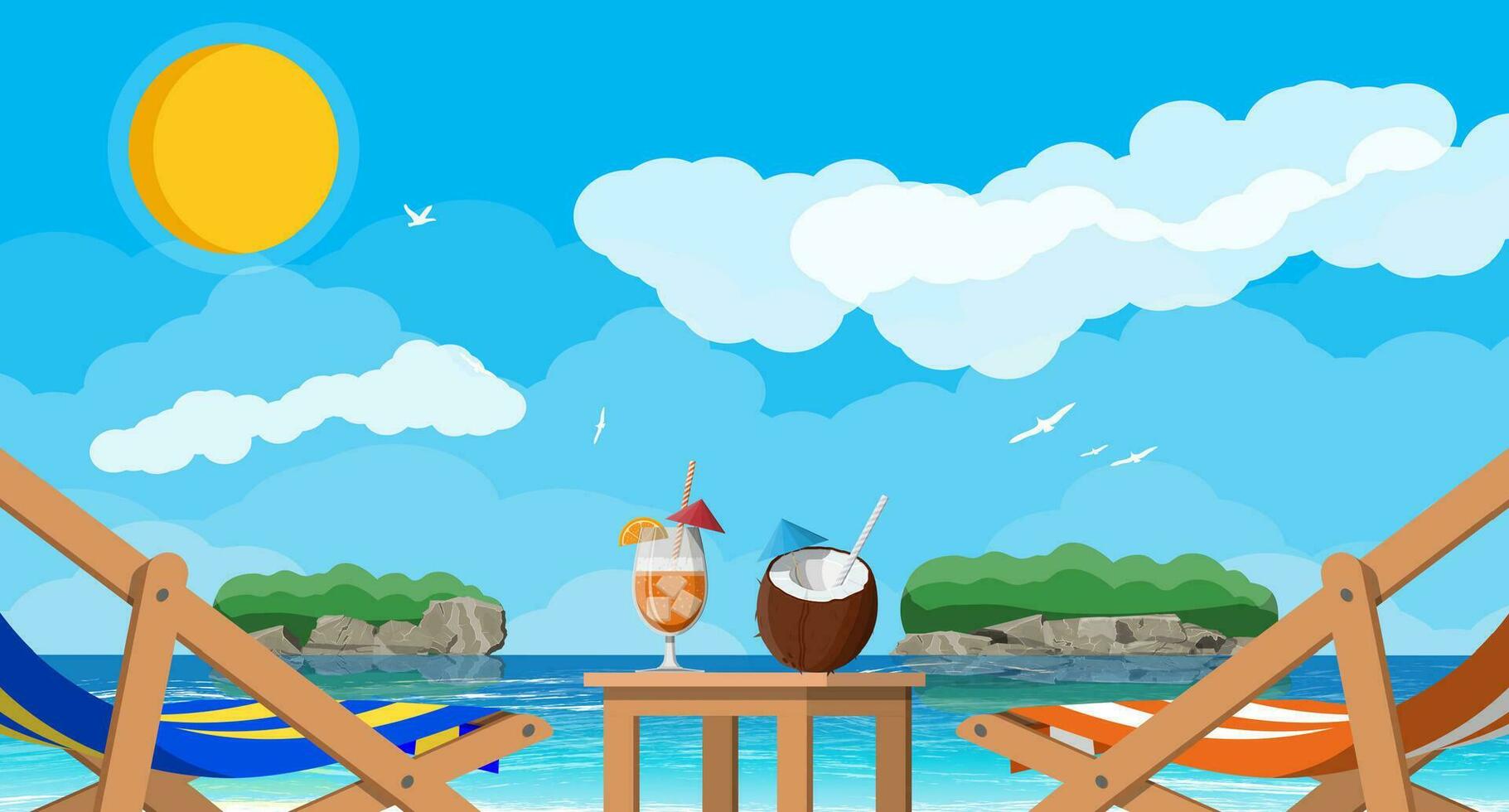 paysage de en bois cabriolet salon, table avec noix de coco et cocktail sur plage. Soleil avec réflexion dans l'eau et des nuages. journée dans tropical lieu. vecteur illustration dans plat style