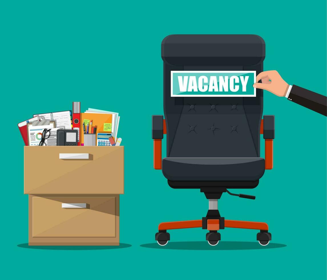 Bureau chaise et signe poste vacant dans main de chef. embauche et recrutement. Humain Ressources la gestion concept, recherche professionnel personnel, travail. a trouvé droite CV. vecteur illustration dans plat style