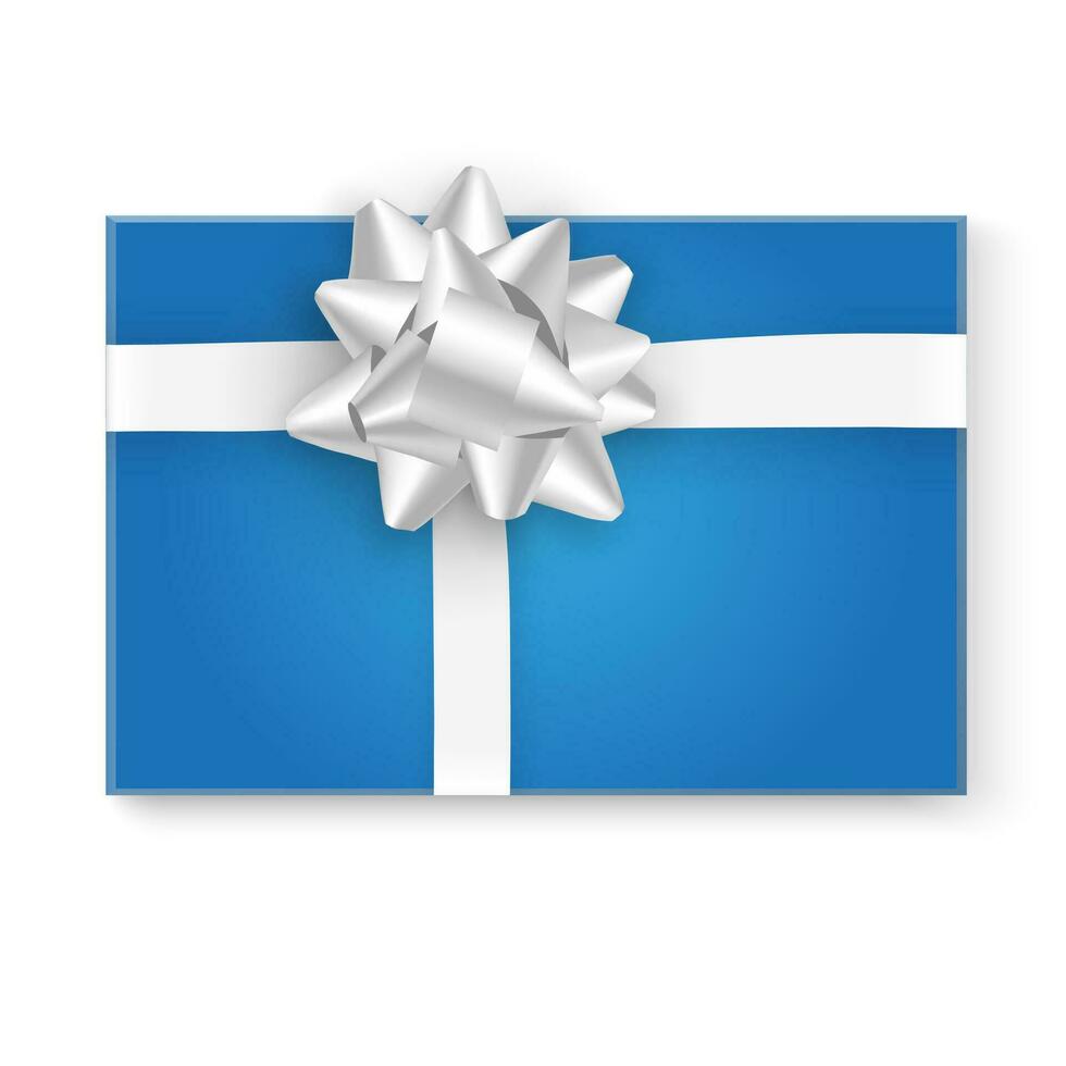 bleu cadeau boîte avec blanc aster arc et rubans sur blanc arrière-plan, Haut voir. modèle pour salutation et postal carte. vecteur illustration