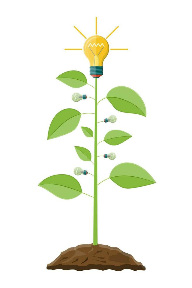 embrasé lumière ampoule pendaison sur arbre avec vert feuilles. idée arbre. concept de Créatif idée ou inspiration. verre ampoule avec spirale. vecteur illustration dans plat style