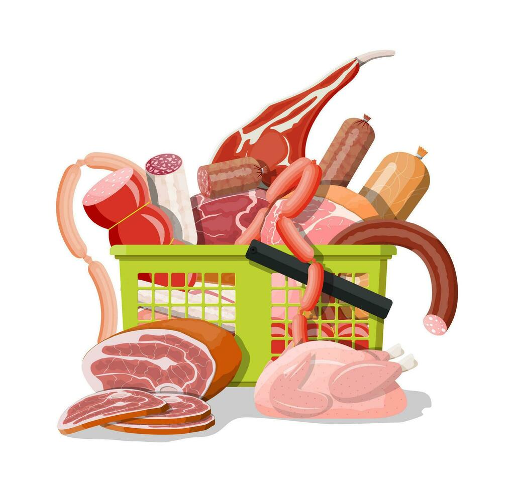 achats supermarché panier plein de Viande. hacher, saucisses, bacon, jambon. marbré Viande bœuf. Boucher boutique, steak House, ferme biologique des produits. épicerie aliments. porc Frais steak. vecteur illustration plat style