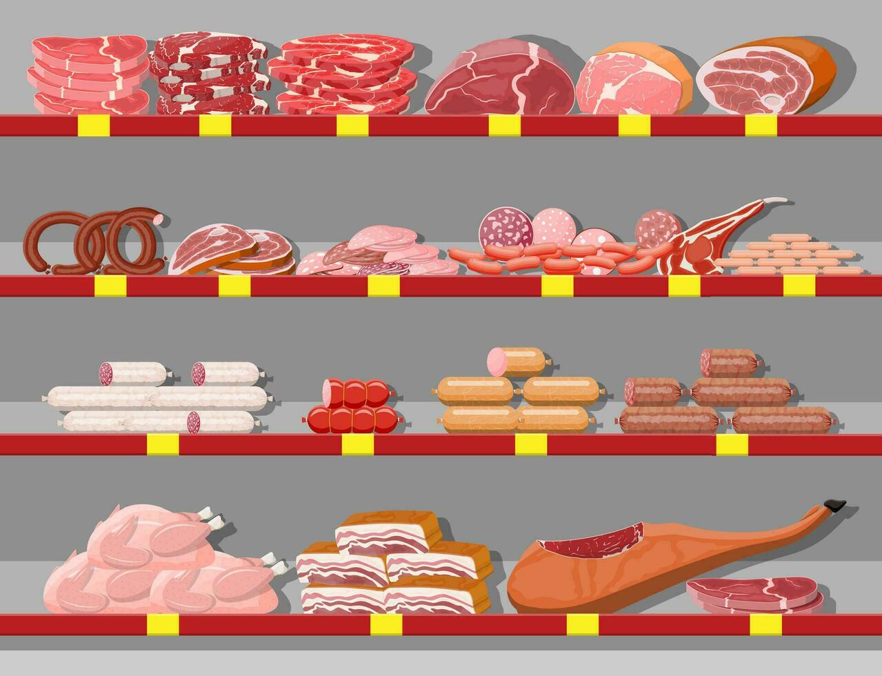 Viande des produits dans supermarché étagère. Viande boutique Boucher magasin vitrine comptoir. saucisse tranches produit. épicerie fine gastronomique produit de du boeuf porc poulet salami. vecteur illustration plat style