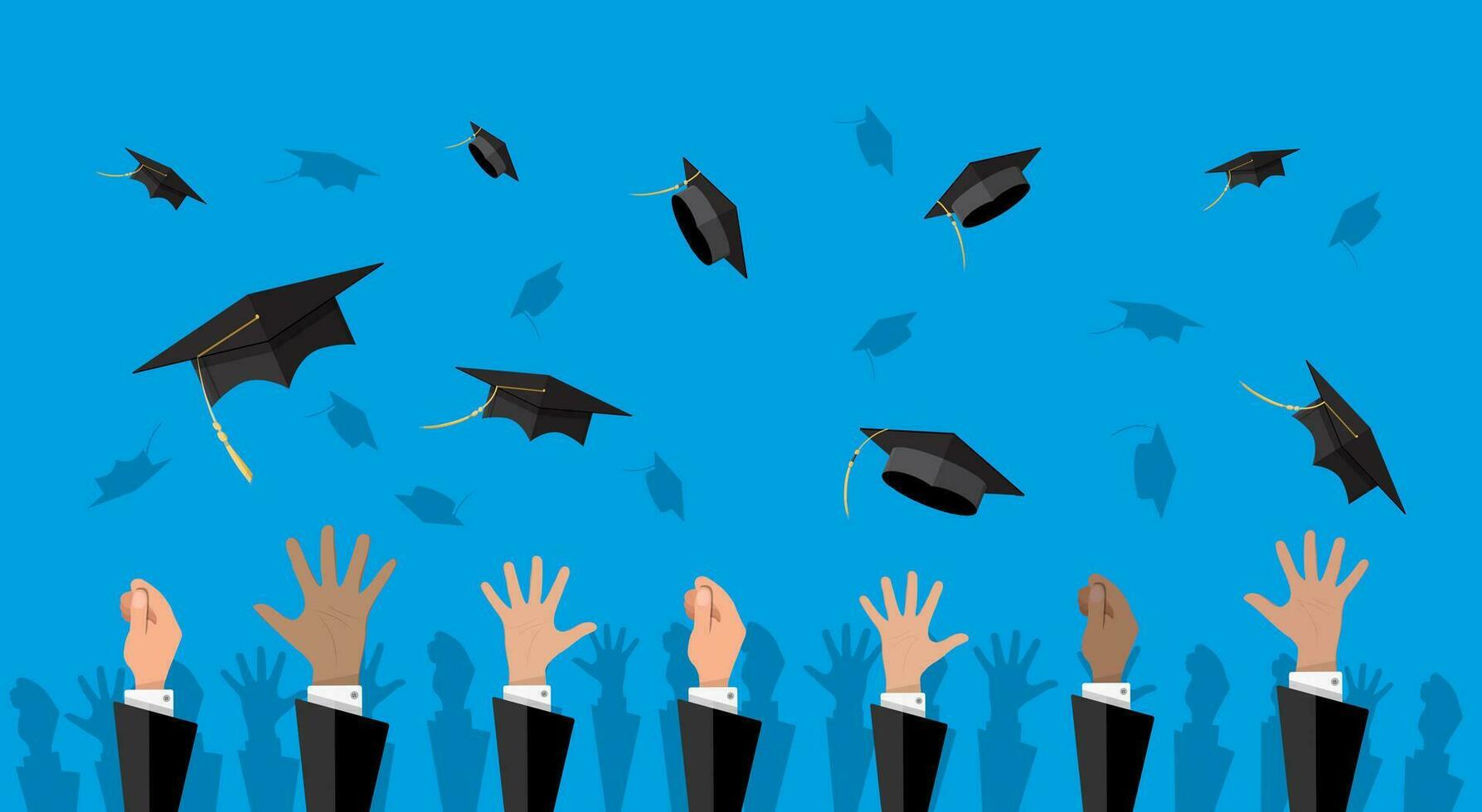 mains de diplômés lancement l'obtention du diplôme Chapeaux dans le air. concept de éducation. Université ou Université cérémonie. vecteur illustration dans plat style