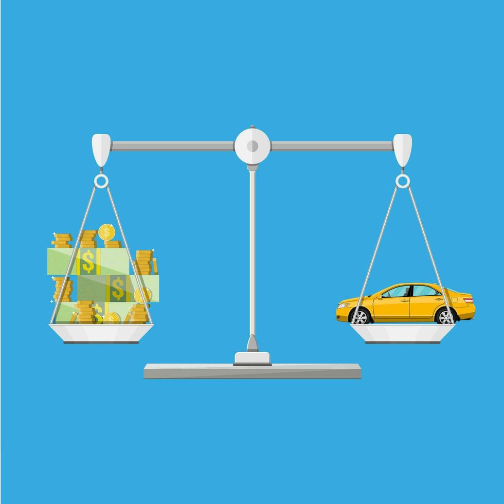 Balance avec voiture et argent pièces de monnaie espèces, vecteur illustration dans plat style