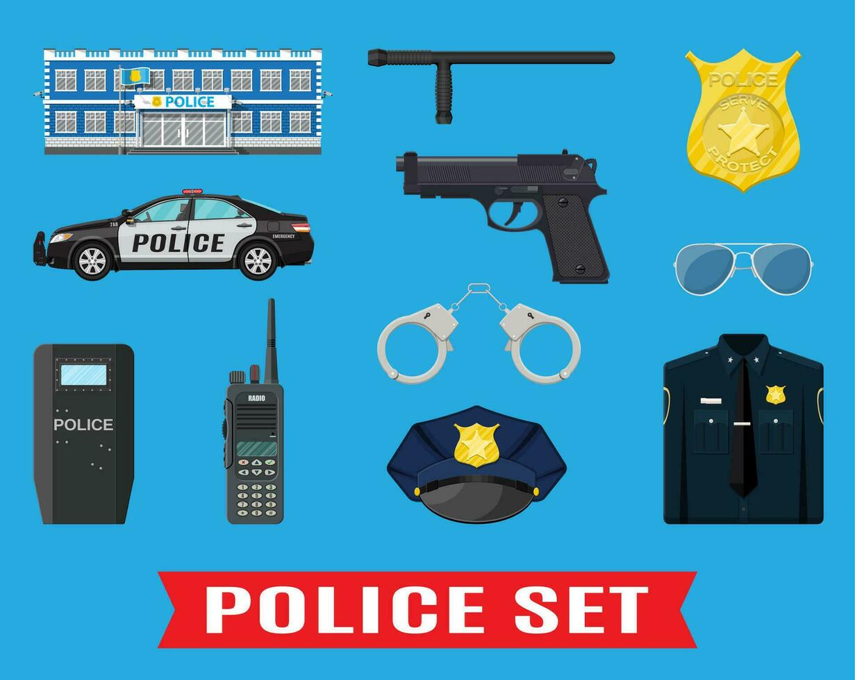 police équipement ensemble. menottes, émeute bouclier, pistolet, matraque, badge, radio, voiture et autre élément. vecteur illustration dans plat style