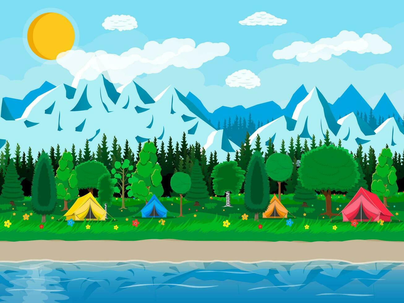 Prairie avec herbe et camping. tentes, fleurs, montagnes, des arbres, ciel, Soleil et des nuages. Lac et rochers, rivière. la nature paysage. vecteur illustration dans plat style