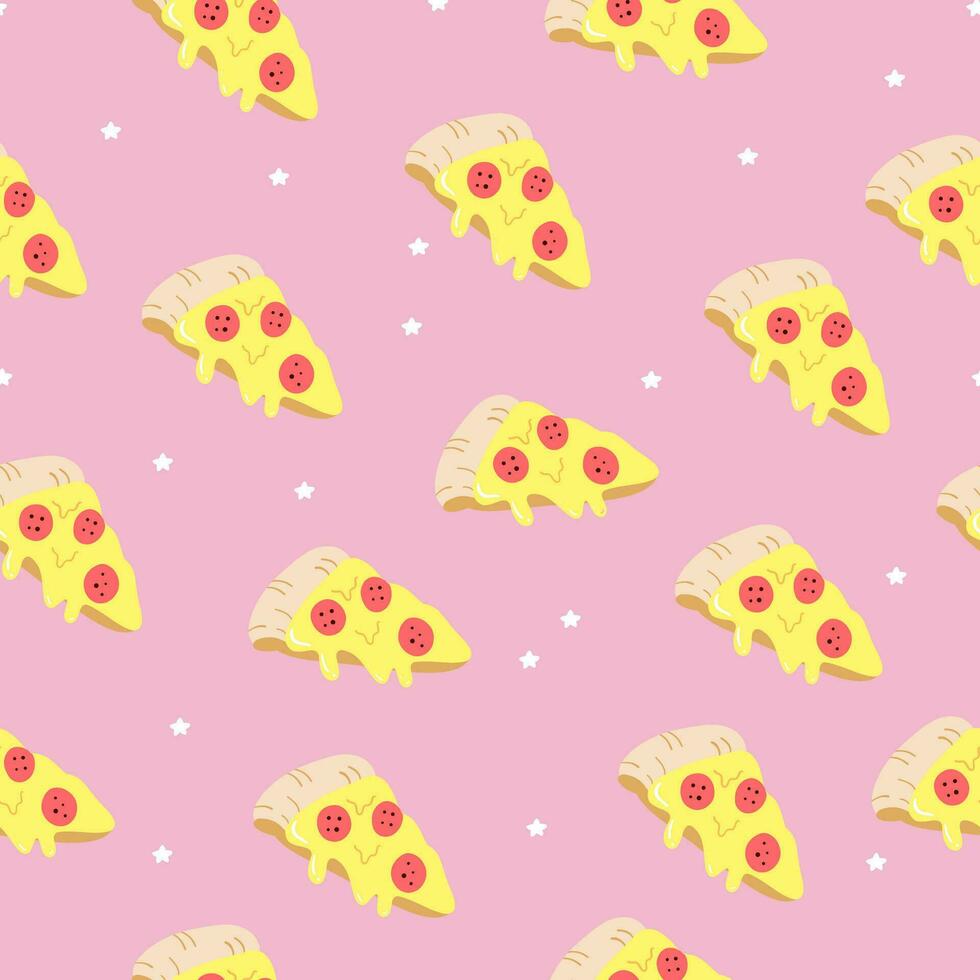 sans couture modèle avec tranche Pizza et étoiles sur rose Contexte. savoureux aliments. vite nourriture concept. italien cuisine. conception pour imprimer, affiche ou emballage. main tiré vecteur illustration