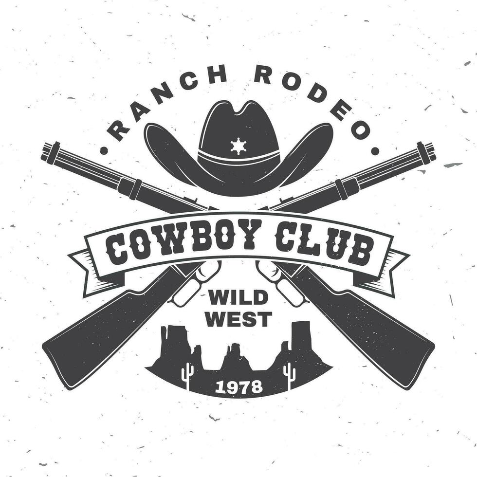 cow-boy club badge. ranch rodeo. vecteur. concept pour chemise, logo, imprimer, timbre, tee avec cow-boy chapeau et fusil à pompe. ancien typographie conception avec sauvage Ouest et américain canyon silhouette. vecteur