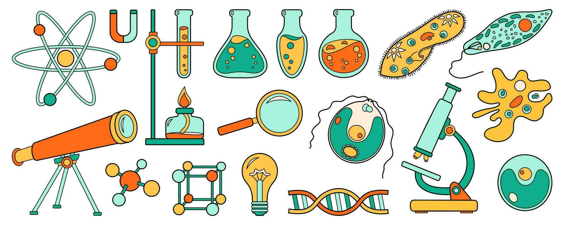 science école ensemble ou éducation Icônes. chimie et la biologie laboratoire dessin animé collection. audacieux brillant microscope, molécule atome, télescope, tester tube, amibe. vecteur illustration isolé sur blanche.