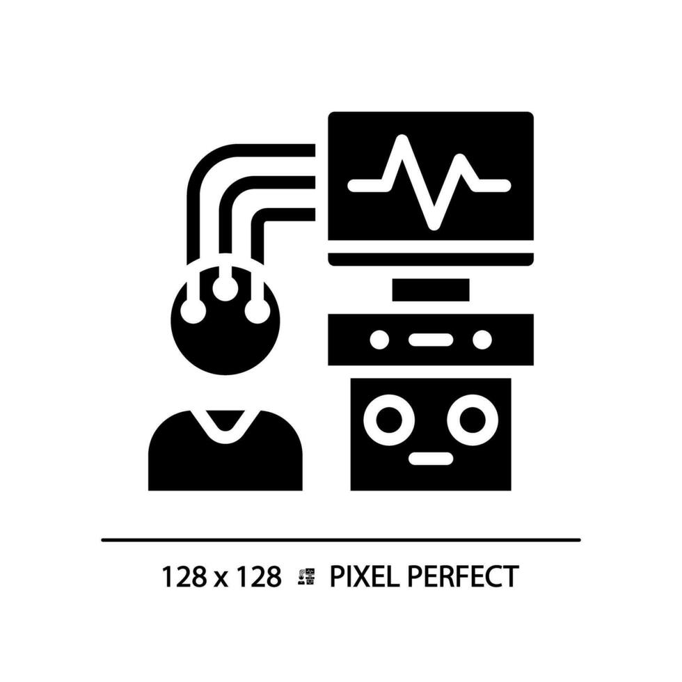 eeg machine pixel parfait noir glyphe icône. cerveau activité. sommeil désordre. nerveux système. clinique recherche. silhouette symbole sur blanc espace. solide pictogramme. vecteur isolé illustration