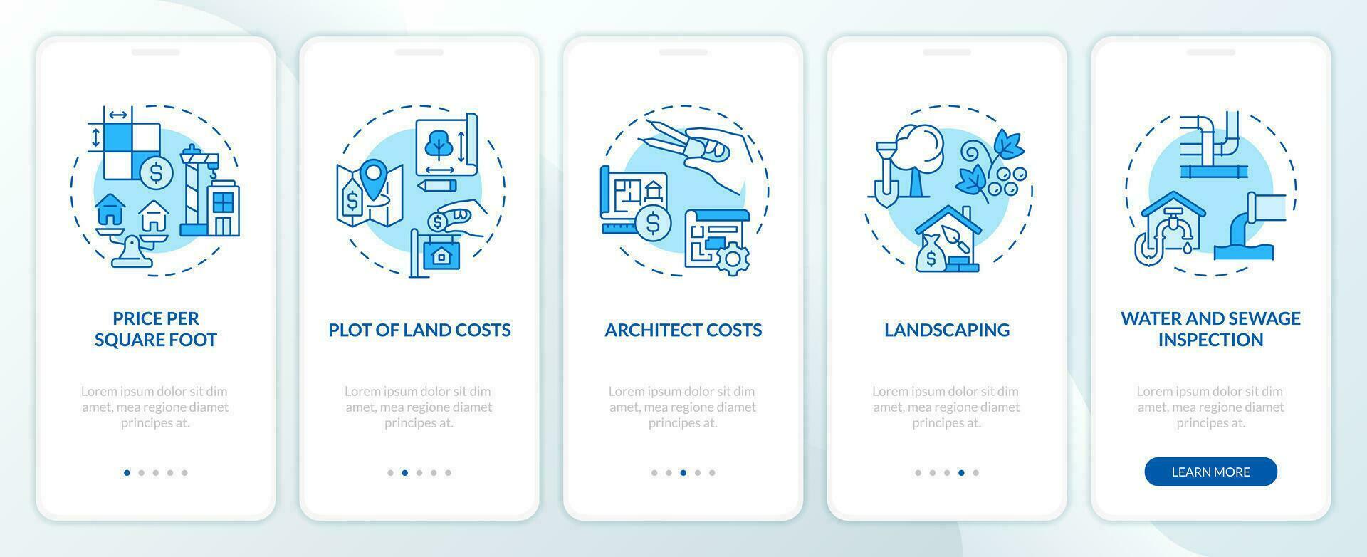 2d Icônes représentant construction Coût mobile app écran ensemble. procédure pas à pas 5 pas bleu graphique instructions avec mince ligne Icônes concept, interface utilisateur, ux, gui modèle. vecteur