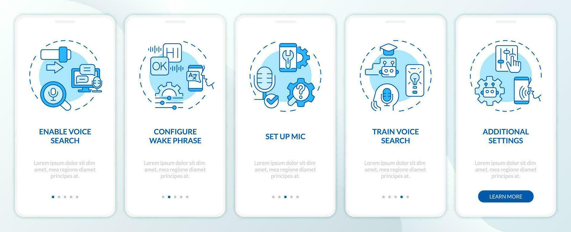 2d Icônes représentant voix assistant mobile app écran ensemble. procédure pas à pas 5 pas bleu graphique instructions avec linéaire Icônes concept, interface utilisateur, ux, gui modèle. vecteur