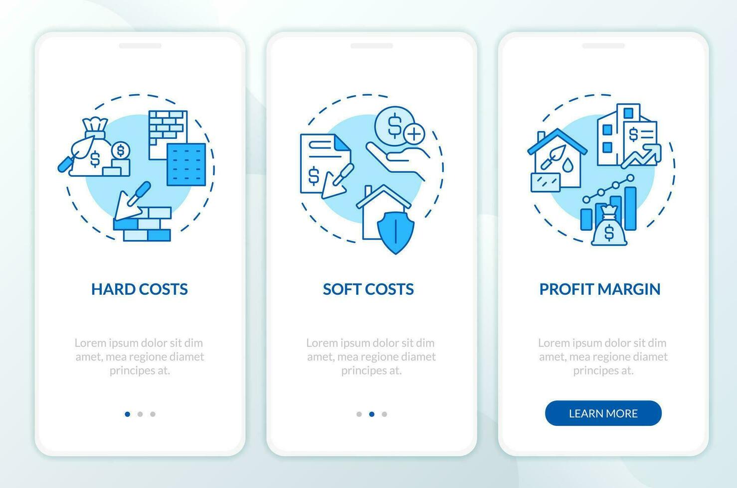 2d bleu Icônes représentant construction Coût mobile app écran ensemble. procédure pas à pas 3 pas monochromatique graphique instructions avec mince ligne Icônes concept, interface utilisateur, ux, gui modèle. vecteur