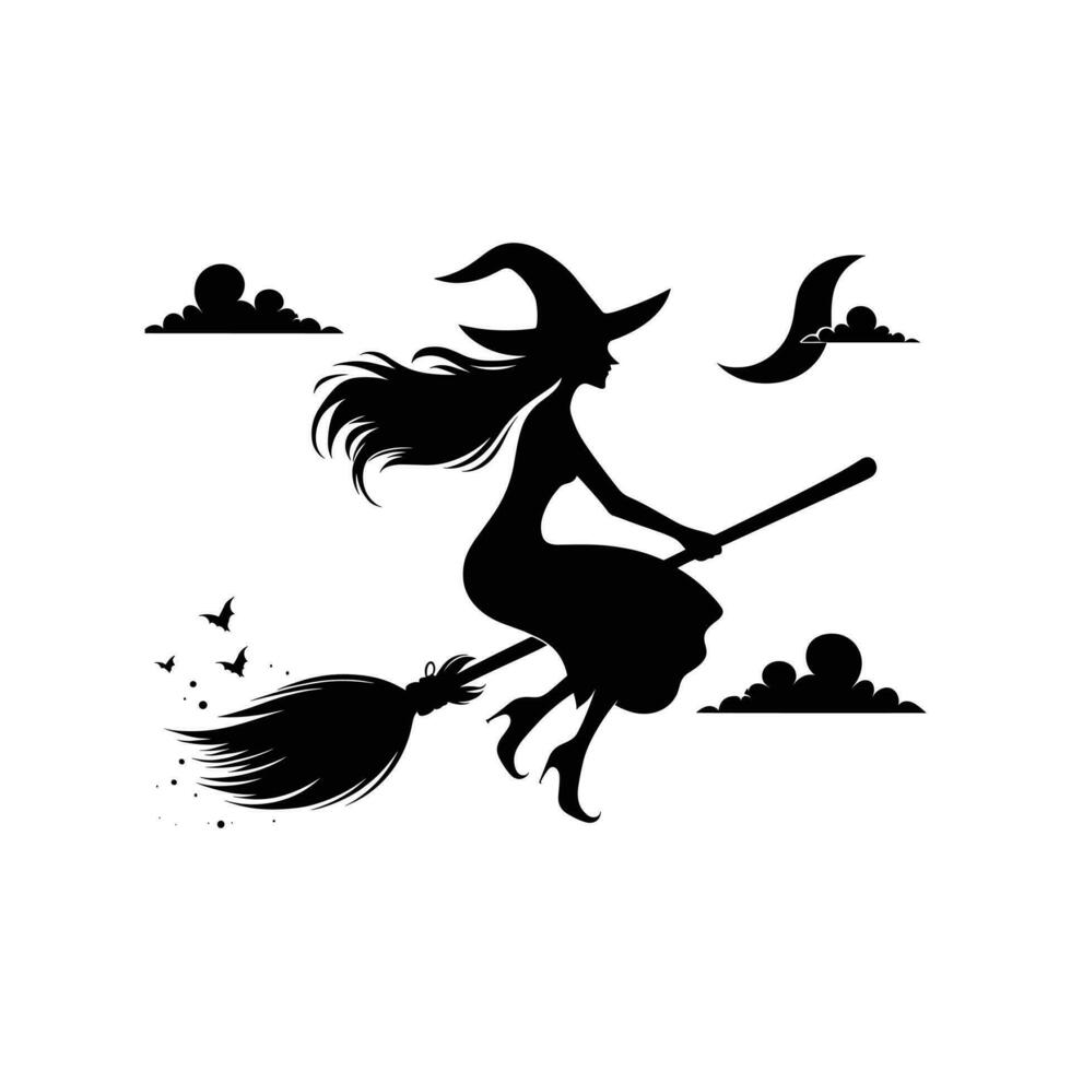 silhouette de sorcière sur manche à balai en volant sur blanc Contexte vecteur