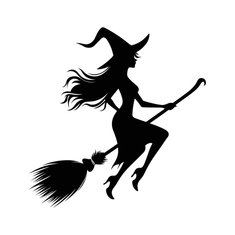 silhouette de sorcière sur manche à balai en volant sur blanc Contexte vecteur