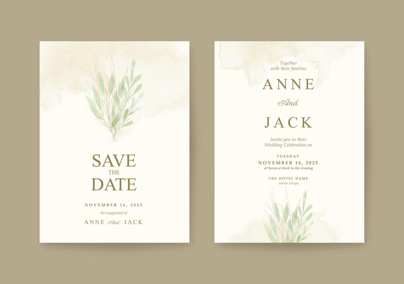 modèle d'invitation de mariage minimaliste avec des feuilles d'or et vertes vecteur