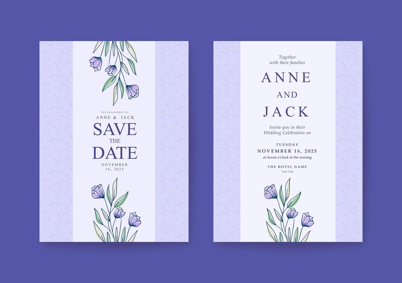 beau modèle d'invitation de mariage violet avec motif minimaliste vecteur