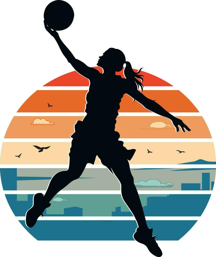 femelle basketball allonger en haut, sport action silhouette, vecteur ,illustration avec ancien ciel T-shirt modèle.