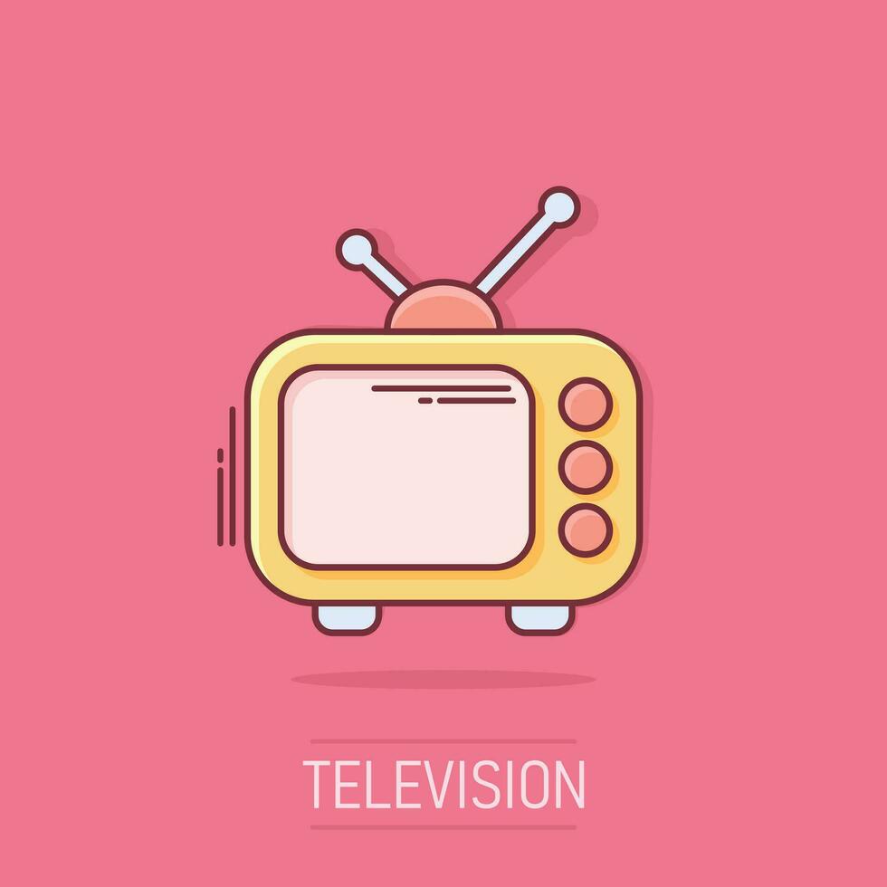 icône de moniteur de télévision de dessin animé de vecteur dans le style comique. pictogramme d'illustration de concept d'écran de télévision. concept d'effet d'éclaboussure d'entreprise d'émission de télévision.