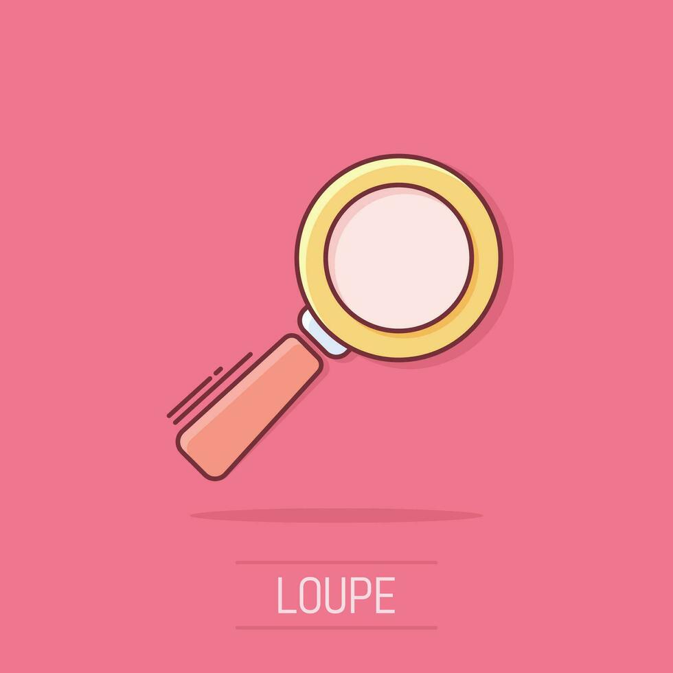 icône de loupe de dessin animé de vecteur dans le style comique. pictogramme d'illustration de loupe de recherche. trouver le concept d'effet splash d'entreprise de recherche.