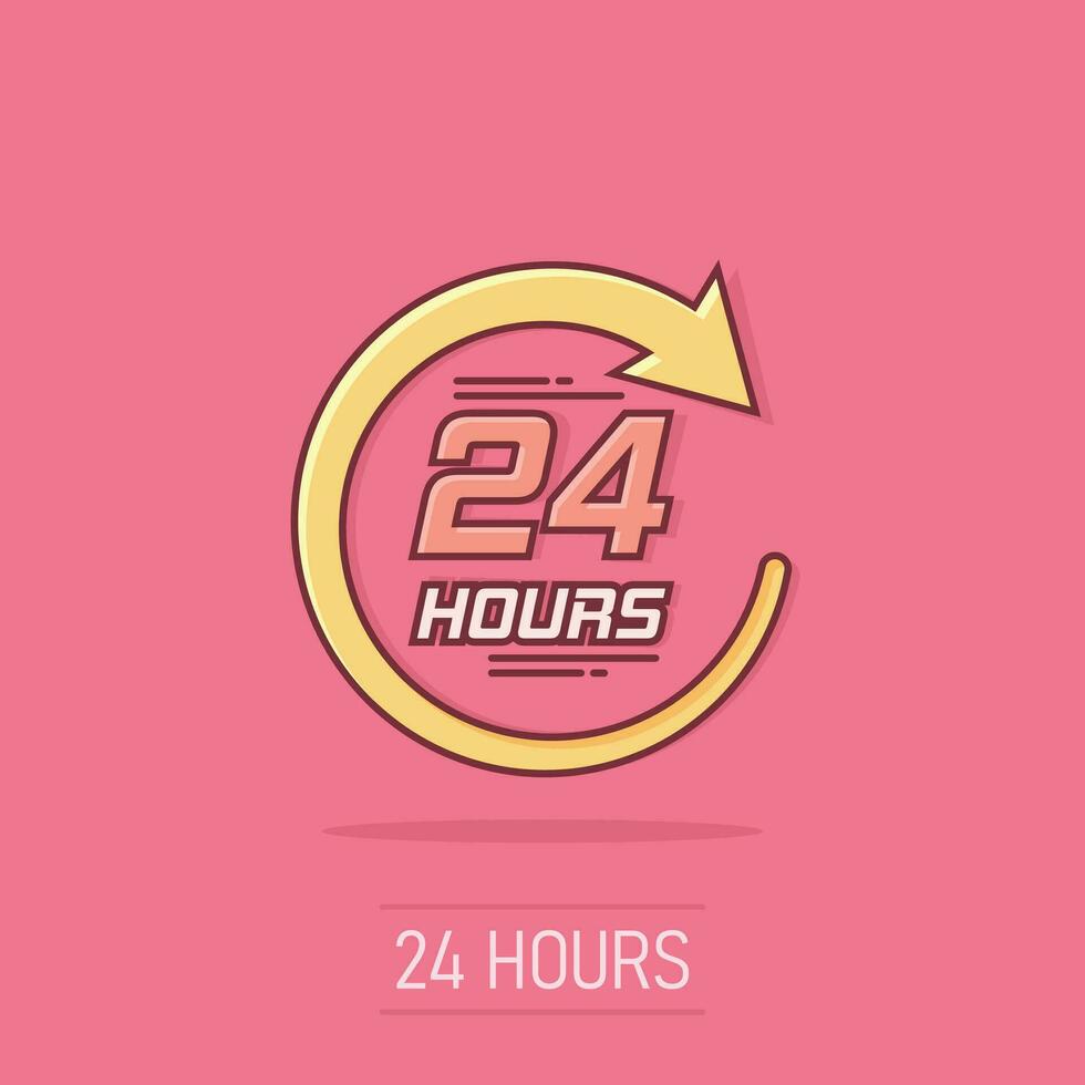 icône d'horloge de vingt-quatre heures de dessin animé de vecteur dans le style comique. 24 7 pictogramme d'illustration de concept de temps de service. concept d'effet splash d'entreprise 24 heures sur 24.