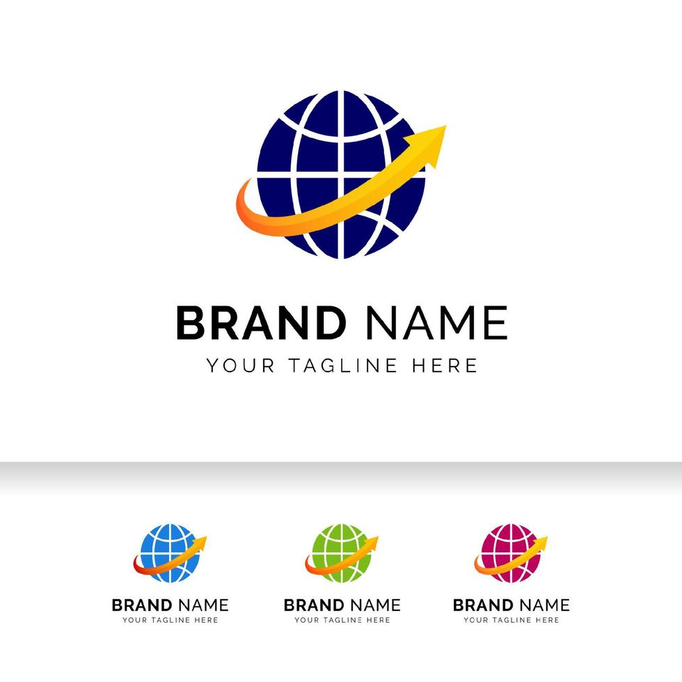 logo des marchés boursiers mondiaux. logo d'entreprise mondiale avec l'icône de flèche et de globe. vecteur