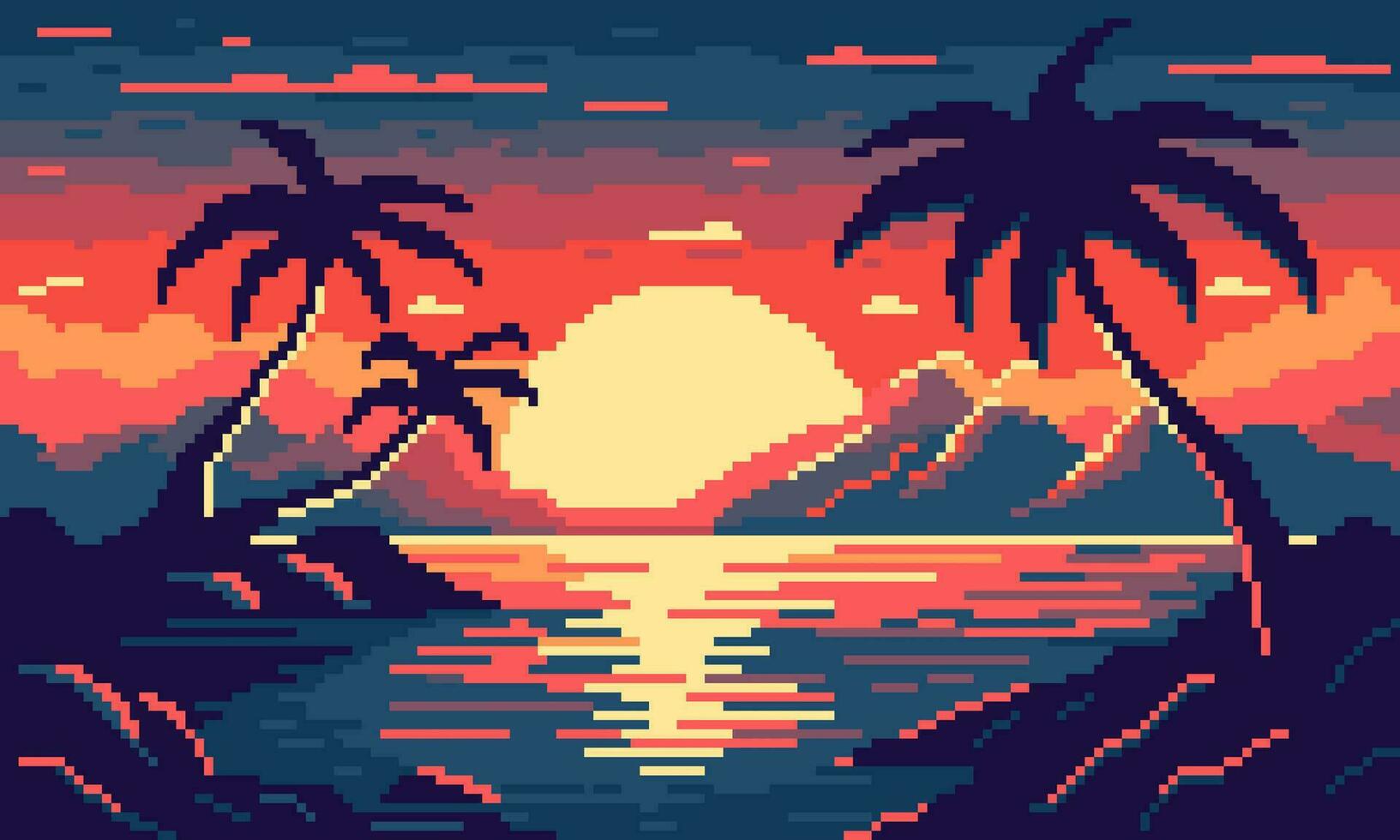 tropical néon pixel baie avec paume des arbres Contexte. coloré 8 bits mer avec vagues et Soleil réglage derrière montagnes et des nuages dans Années 80 synthwave vecteur style