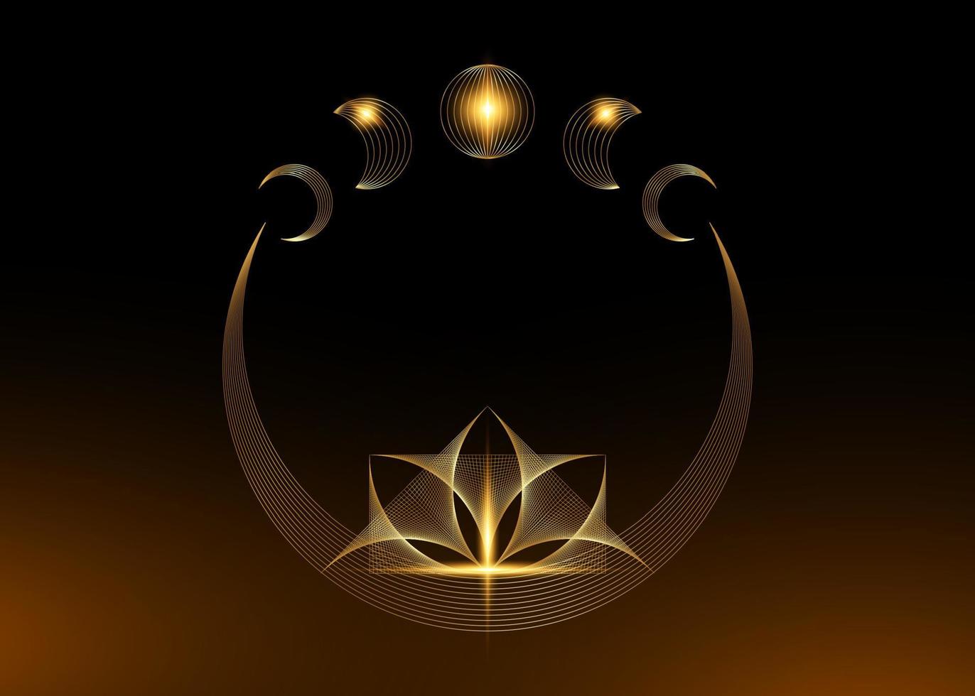 croissant de lune de lotus, fleur de lotus mystique dorée et phases de lune, géométrie sacrée. fil de fer géométrique de ligne d'or de chaîne. Thread art logo design vecteur isolé sur fond noir