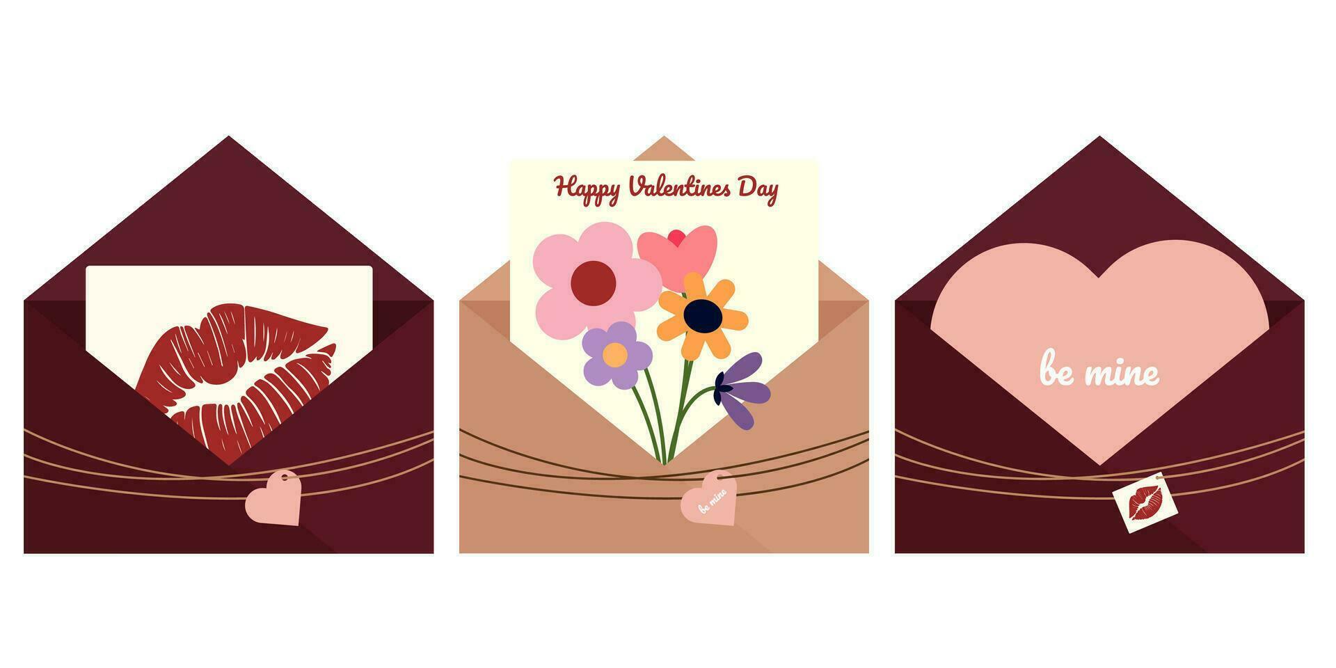 enveloppes avec valentines et cartes pour la Saint-Valentin journée dans dessin animé style, plat style. enveloppes, toutes nos félicitations, l'amour message, baiser, fleurs. vacances, événement. vecteur