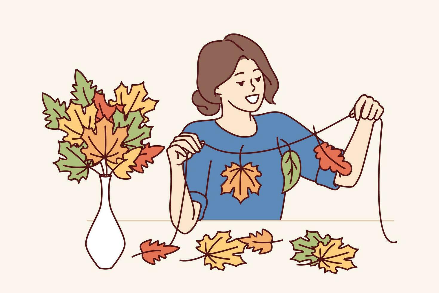 femme crée l'automne atmosphère dans Accueil par fabrication Fait main guirlande de coloré arbre feuillage vecteur
