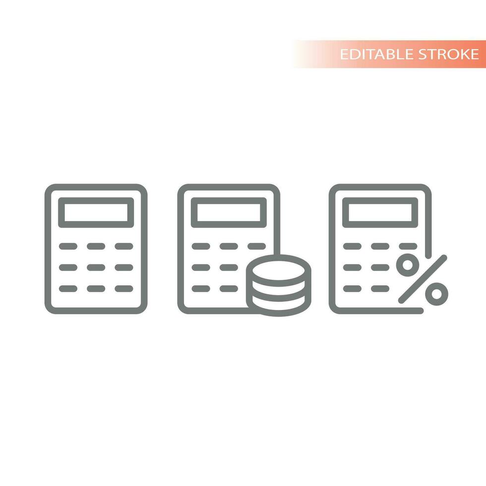 calculatrice avec pièce de monnaie empiler et pourcentage signe Icônes. argent, la finance et comptabilité ligne vecteur icône ensemble.