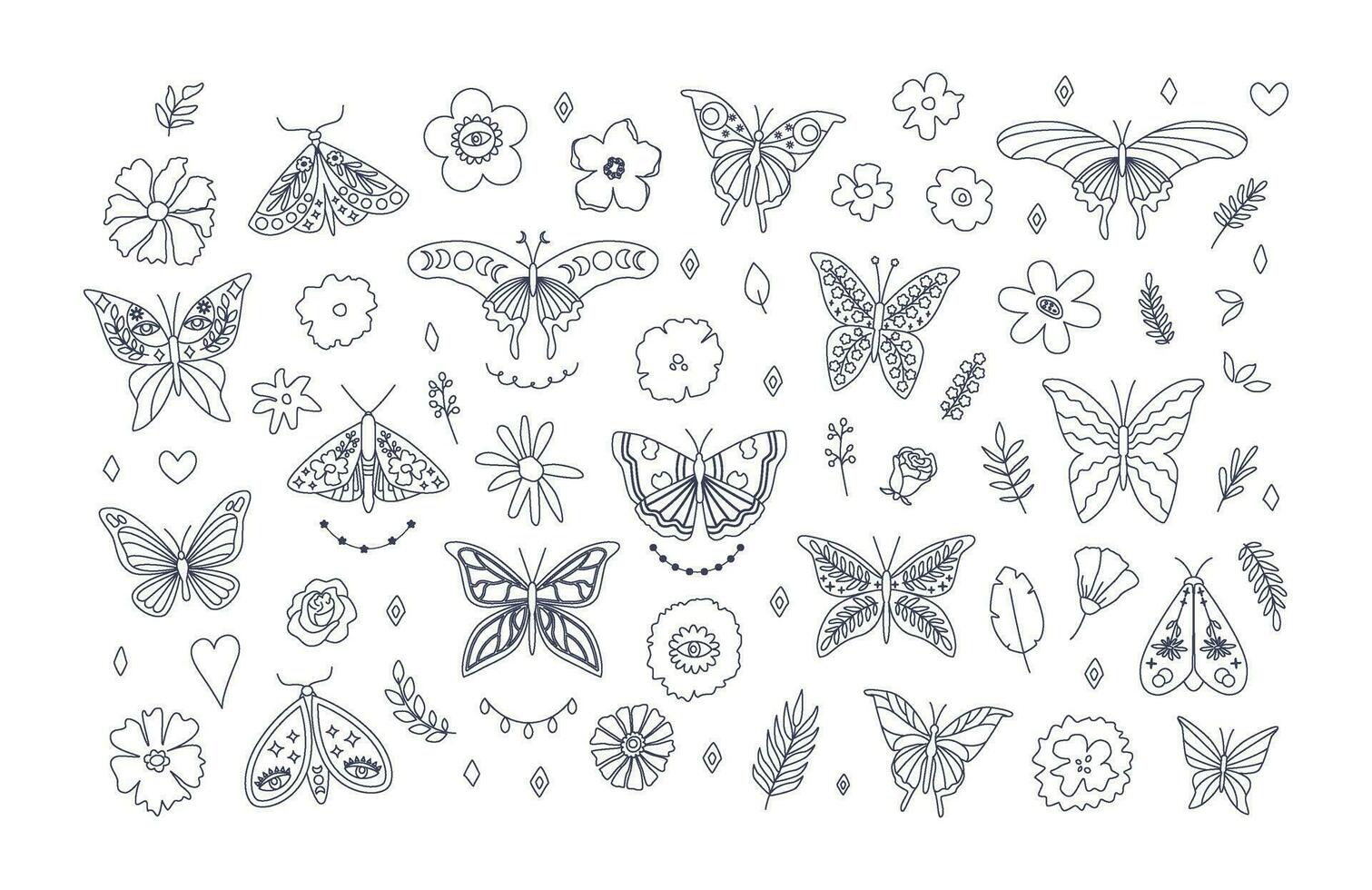 linéaire mystérieux papillons et papillons de nuit. bohémien insectes et fleurs. botanique ligne art esquisser. contour Icônes, griffonnages, tatouage. vecteur
