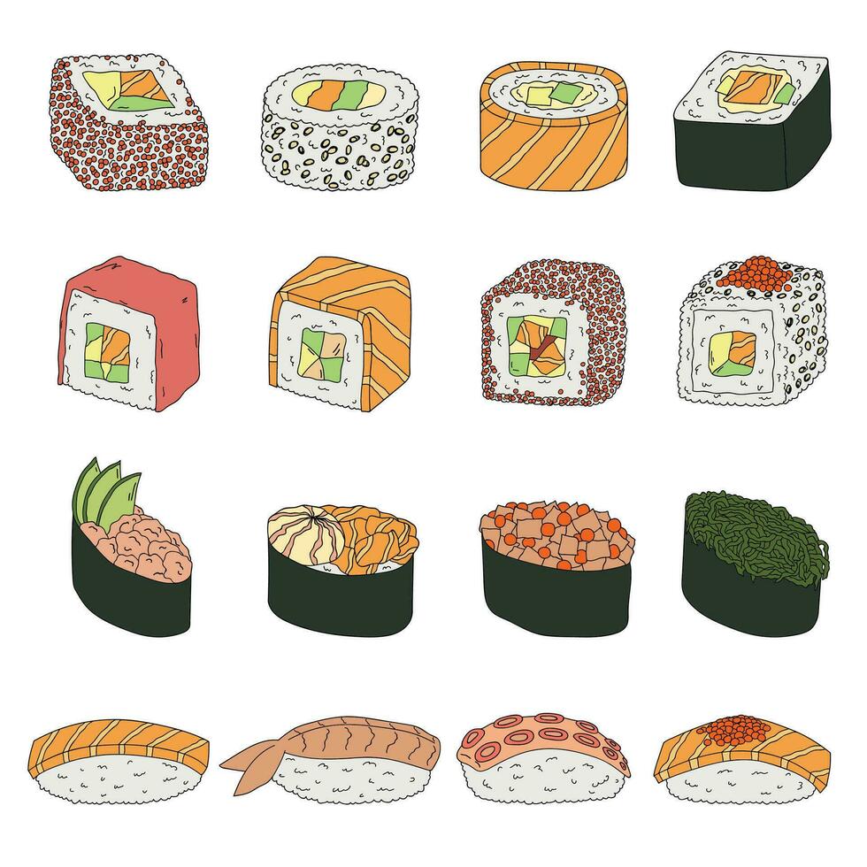 sushis dessinés à la main. plats de cuisine traditionnelle japonaise. ensemble de cliparts de cuisine asiatique vecteur