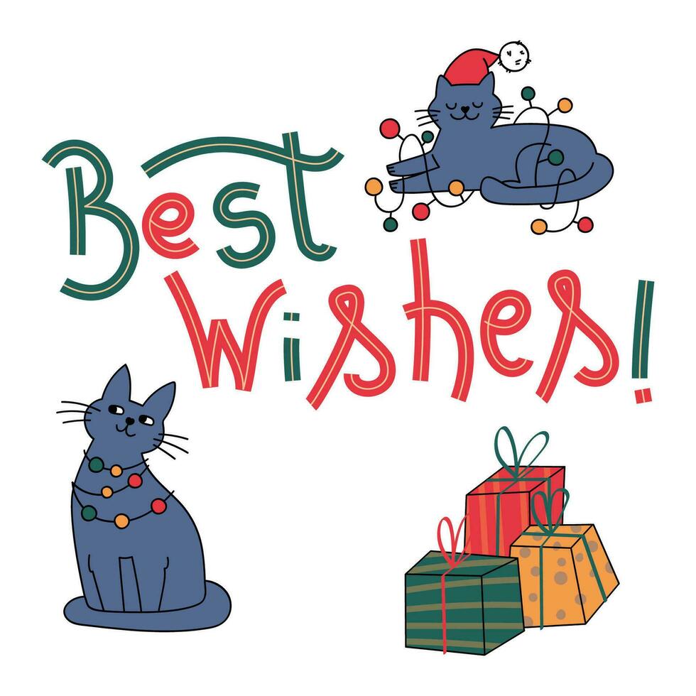 Noël cartes postales avec mignonne griffonnage éléments. mignonne chatte Noël chats. Facile Noël cliparts pour le votre conceptions. vacances décorations éléments. vecteur
