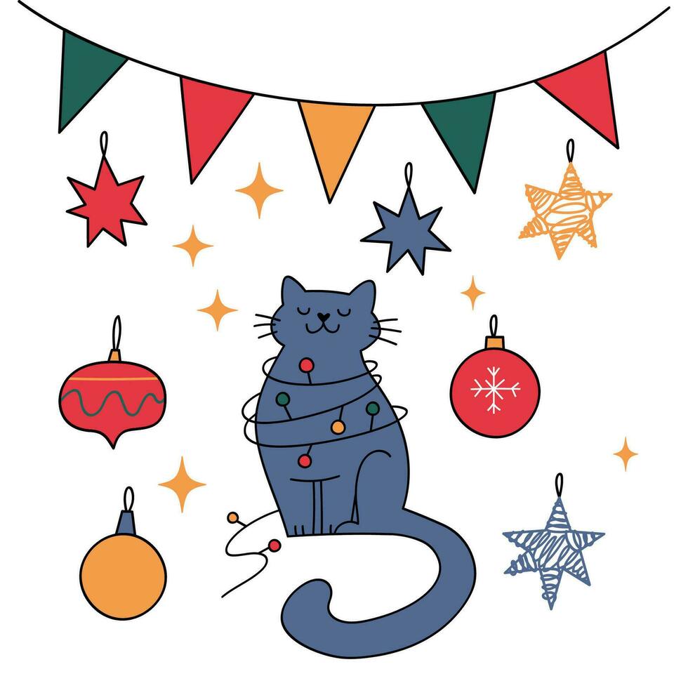 Noël cartes postales avec mignonne griffonnage éléments.cute chatte Noël chats. vecteur