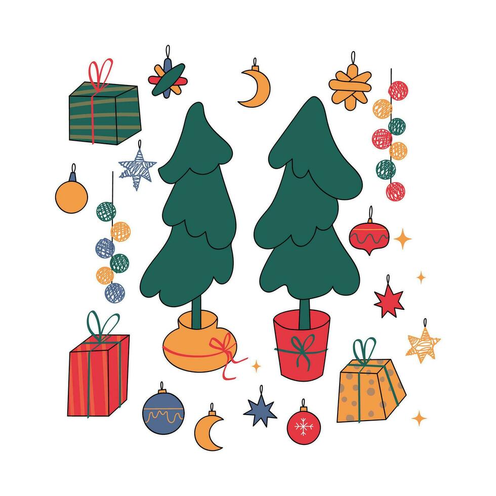Noël cartes postales avec mignonne griffonnage éléments. Facile Noël cliparts pour le votre conceptions. vacances décorations éléments. vecteur