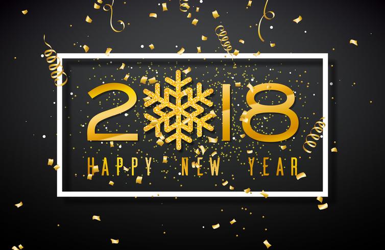 Bonne année 2018 Illustration avec numéro en or et flocon de neige pailletée sur fond noir. Conception de vacances de vecteur