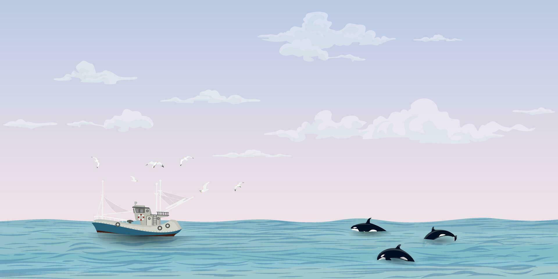 paysage marin avec pêche bateau suivi par mouettes et tueur baleine pack avoir spectaculaire ciel Contexte vecteur illustration. océan avec bateau, mouettes, orque, ciel et des nuages Contexte.