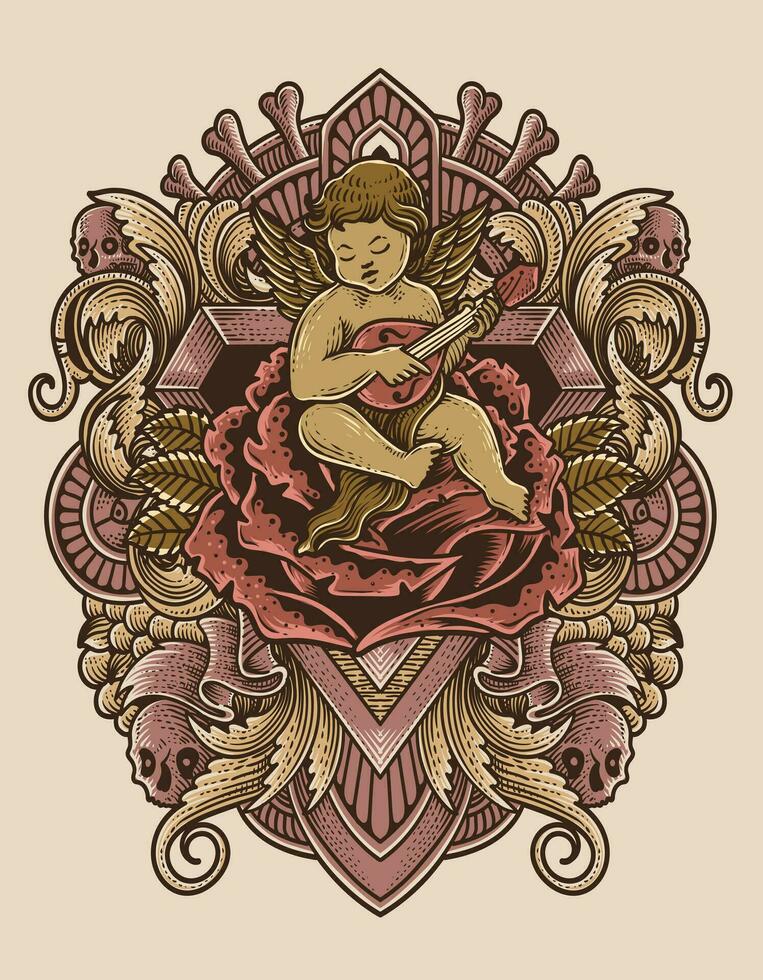 illustration vecteur Cupidon ange en jouant guitare séance sur Rose avec gravure ornement