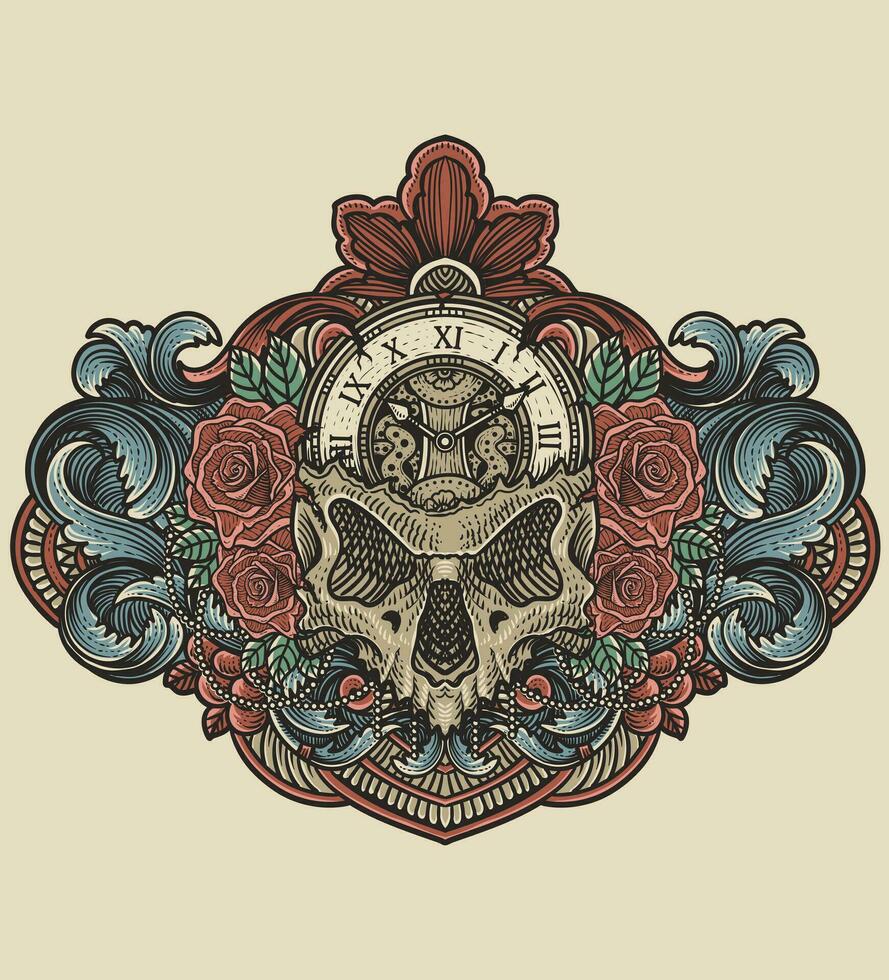 illustration main dessiné. crâne l'horloge tête avec Rose fleur - antique gravure ornement vecteur