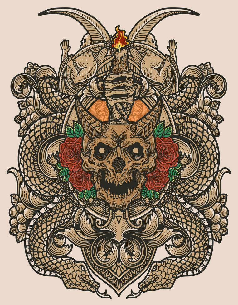 illustration main dessiné. démon crâne bougie avec Rose fleur - ancien gravure ornement vecteur