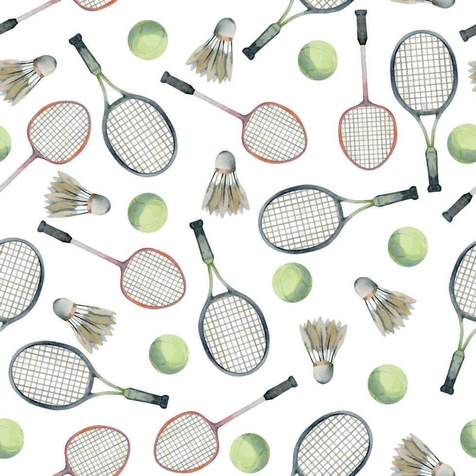 main tiré aquarelle des sports équipement équipement, tennis et badminton raquette, Balle et volant. illustration isolé sans couture modèle sur blanc Contexte. conception affiche, imprimer, site Internet, carte, magasin vecteur