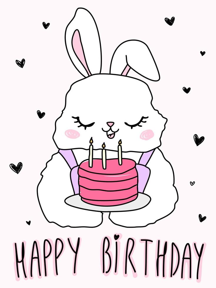 lapin de dessin animé mignon. texte de lapin joyeux anniversaire. illustration de doodle animal avec gâteau pour bébé. vecteur