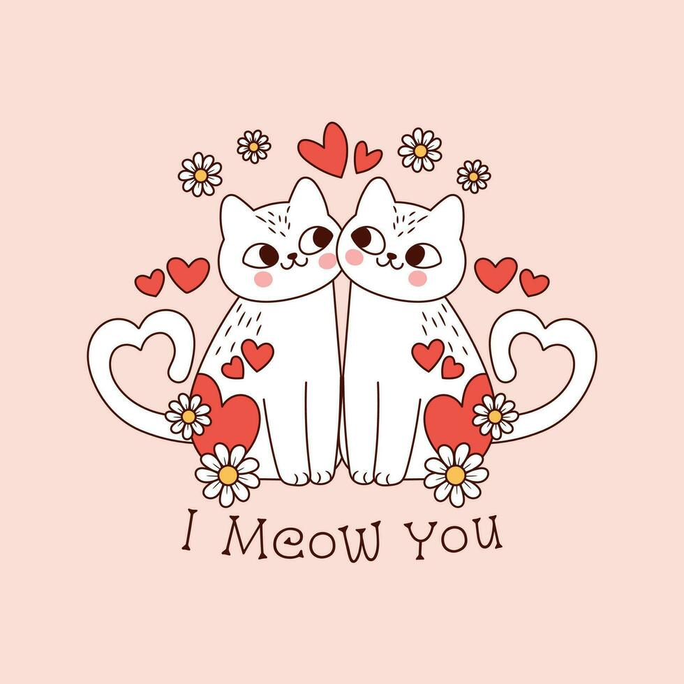 mignonne chat couple dans l'amour avec Marguerite fleurs et cœurs pour la Saint-Valentin journée vecteur