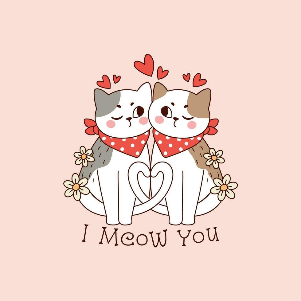 mignonne chat couple dans l'amour avec Marguerite fleurs et cœurs pour la Saint-Valentin journée vecteur